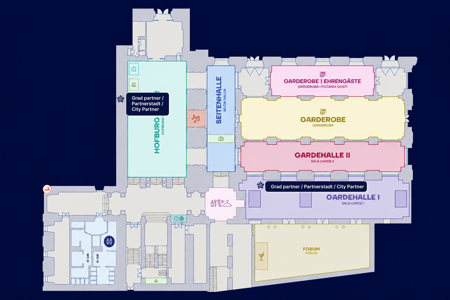 Plan prizemlja palate Hofburg - pozicije grada partnera
